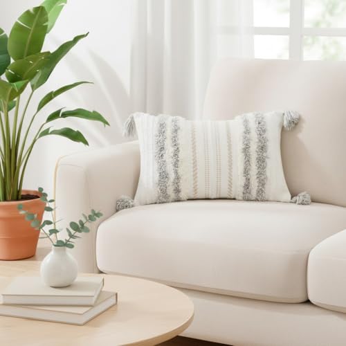 decorUhome Summer Decorative Boho Throw Pillow Covers 12x20 Set of 2, Lumbar Accent Neutral Textured Tufted Pillow Covers Striped for Couch Bed Sofa Living Room, Light Grey and Cream White - color: Light Grey and Cream White, size: 20" x 12" (Pack of 2)