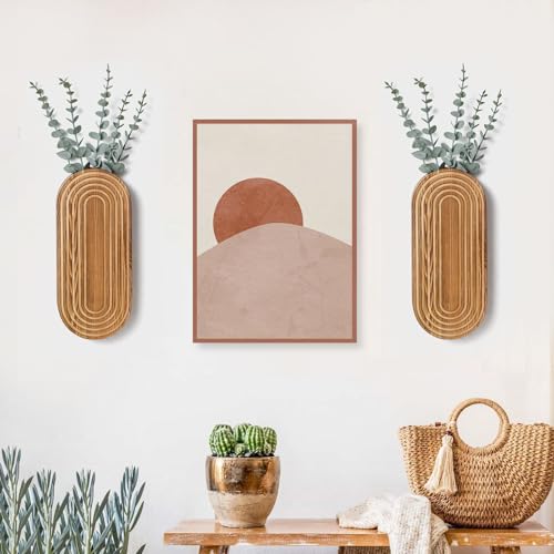 2 Pack Carved Wood Wall Planters with Fake Eucalyptus Stems for Wall Decor - Boho Wooden Wall Art for Living Room, Bedroom, Bathroom (Brown)