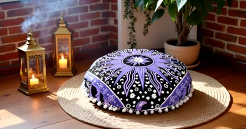 Round Mandala Floor Pillow Cover Seating Cushion Throw Cover Hippie Decorative Bohemian Ottoman Pouf Cover, Pom Pom Pillow Cases,Boho Indian 32 Inches Purple Burning Sun - color: Purple, size: 32" Round
