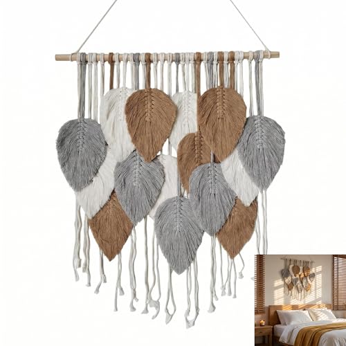 Jditngp Macrame Leaf Wall Hanging Boho Woven Tapestry,Vertical Large Wall Decor Tassels Grey brown Hand Woven Leaf Feather Pendants Nordic Wall Art for Bedroom Living Room Apartment 23.6" WX31.5 L - color: grey15