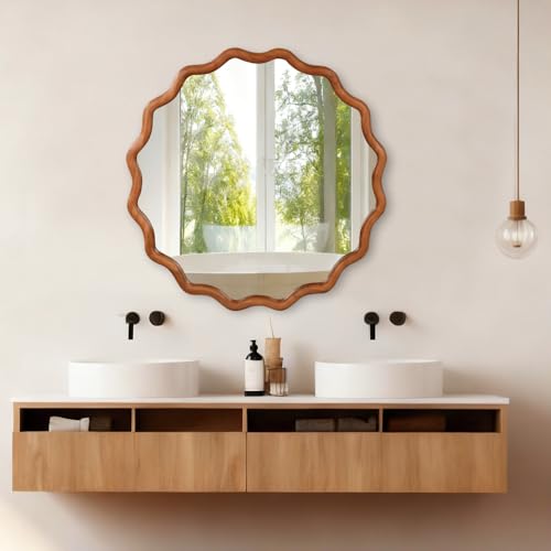 36" Wavy Round Wall Mirror with Solid Wood Frame, Country Irregular Decorative Mirror for Bathroom, Bedroom, Living Room & Entryway, HD Tempered Glass, No Distortion Vanity Mirror (Brown,36“) - color: Brown, size: 36"L x 36"W