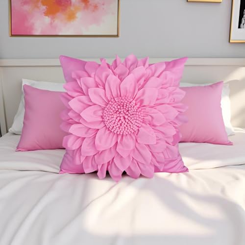 Bella's Giftshop Pink Decorative Throw Pillow Covers 18x18 Inch for Bed Sofa Couch, Handmade 3D Accent Sunflower Floral Pillowcase, Living Room Decor - color: Pink