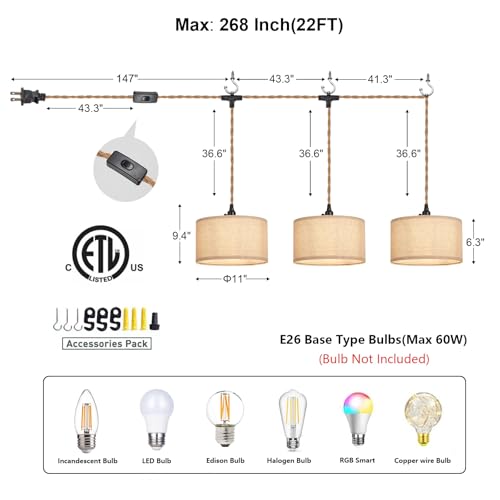 3 Light Plug in Pendant Lights Fabric Hanging Lamp Kit with Switch 22 Ft Long Hemp Rope Farmhouse Pndant Light Cord Lighting Fixture DIY Hanging Light - size: 3 Light Fabric