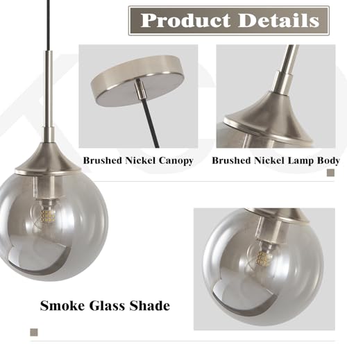 KCO Lighting 7.1” Smoked Glass Pendant Light Single Pendant Light Brushed Nickel Dining Room Light Fixtures Globe Hanging Light Fixture - color: Silver+Smoke Grey