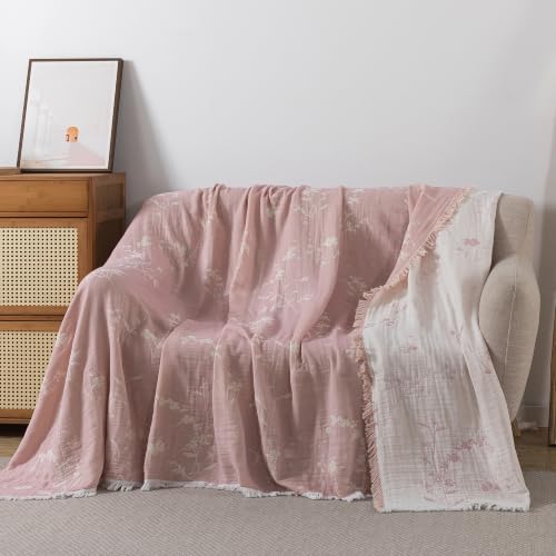 Lemfux 4-Layer 100% Cotton Muslin Cooling Blanket, Boho Floral Gauze Throw with Fringe, Ultra Soft Breathable Lightweight Bedspread Coverlet for Bed Sofa Couch (Pink-White Floral, 60"x80") - color: Pink-white Floral, size: 60"x80"