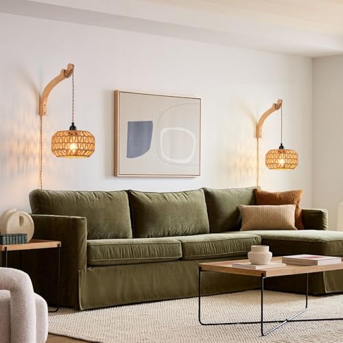 Plug in Wall Sconce,Farmhouse Wicker Wall Lamp Plug in,Hand Woven Rattan Wall Light Farmhouse Rustic Boho Sconces Wall Lighting for Living Room Bedroom - color: Wall Sconces, size: 1 PACK