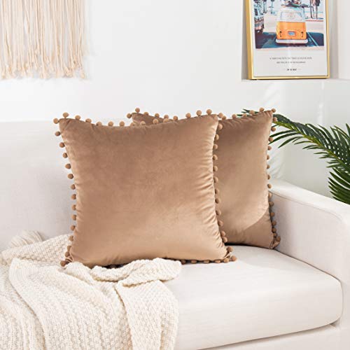 Elegant Comfort POM-POMS Fringe Velvet Cushion Covers Set of 2, Velvet Soft Solid Decorative Square Throw Pillow Covers Set Cushion Case for Couch Bed, Livingroom 18 x 18 Inch (45 x 45 cm), Taupe - color: Taupe, size: 18" x 18" (Pack of 2)