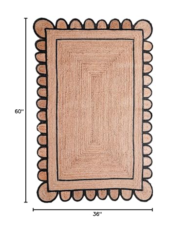 Braided Scalloped Jute Rug Natural with Black Trim, Handmade Farmhouse Boho Area Rug for Entryway, Kitchen, Hallway, Living Room, Bedroom, Rustic Woven Floor Rug - (Black- 3X5 ft) - size: 3' x 5' (Rectangular)
