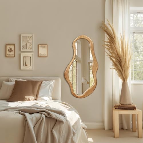 LuxenHome Asymmetrical Wall Mirror, 22"x 39" Natural Irregular Mirror for Wall Decor with Wood Frame, Wall Mirrors Decorative for Living Room, Bathroom, Bedroom, Dining Room, Entryway - color: Natural Wood