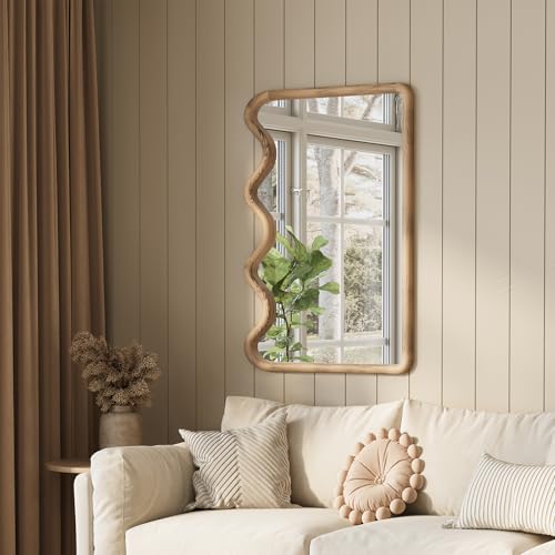 ULIKE Wavy Mirror for Wall, Rustic Wood Mirror for Bathroom Vanity, 24x36 Wooden Wall Mirrors Decorative for Bedroom, Living Room, Entryway, Brown - color: Wavy Rustic Brown