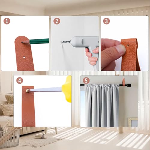 Curtain Rod Holders,Set of 8 Leather Curtain Rod Brackets with Screws,PU Curtain Rod Hangers Stylish Brown Leather Straps Hooks for Wall Pole Macrame Boho Art Décor, CH-005 - color: Brown