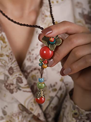 MINACHI Vintage Bohemian Colorful Ceramic Bead Antique Flower Y Necklace, Vintage Boho Hippie Statement Jewelry Gift for Women - color: S01B