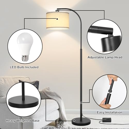 Modern Floor Lamp for Living Room, Arc Floor Lamp with Adjustable Hanging Shade, Black Light with Pedal Switch for Bedroom Study Room, 9W 3000K LED Bulb Included - color: Black
