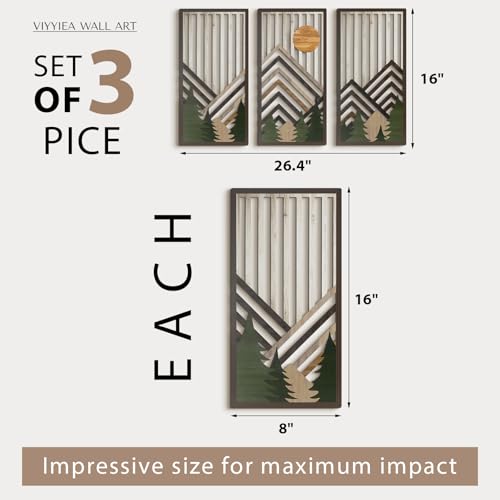 VIYYIEA Boho Solid Wood Carved Wall Art Set of 3, Geometric Minimalist Wooden Home Decor Panels, Handcrafted Solid Wood Wall Hanging for Living Room Bedroom Hallway, 16 x 8 Inch Each (Sunrise Green) - color: Sun Rise