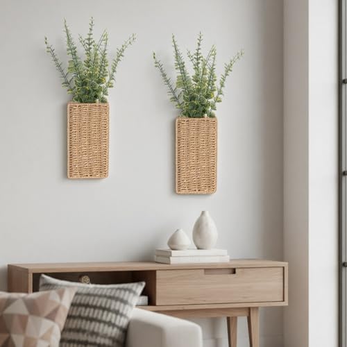 2 Pack Woven Wall Vase with Artificial Eucalyptus Boho Wall Basket Hanging Decor Rustic Pocket Planter Flower Vase for Indoor Living Room Bedroom Home Office Kitchen Decoration