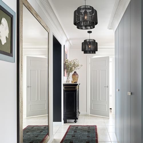 16 Inch Large Natural Simple Hand Weaved Rattan Pendant Lamp, Coastal Beach Black Rope Hanging Pendant Light Fixture for Dining Room Living Room Bedroom Kitchen Foyer - size: 6719