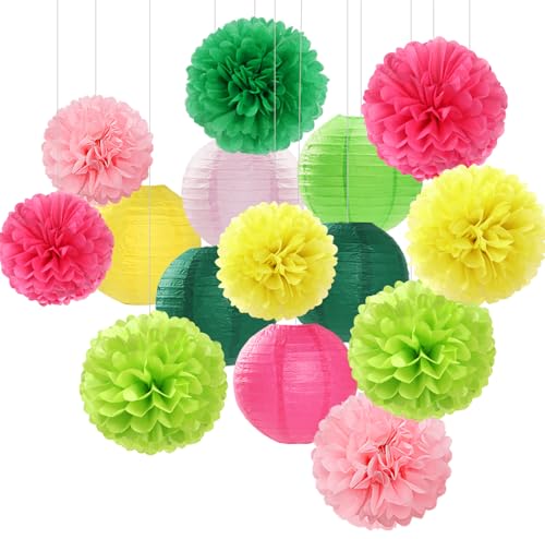 Hawaiian-Summer Pool Party-Decorations Paper-Flowers Lanterns - 15pcs Luau Tropical Beach Tissue Pom Poms Streamers,Birthday Bachelorette Wedding Baby Shower Graduation Hanging Supplies Decor Hugfond - color: Hawaiian