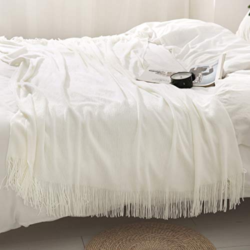 Homiest Decorative Knitted Throw Blanket with Fringe Soft & Cozy Tassel Blanket for Couch Sofa Bed- 50 x 60 (50" x 60", Ivory) - color: Ivory, size: 50" x 60"