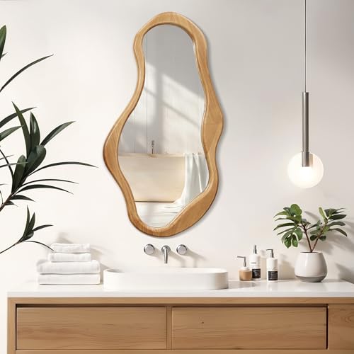 LuxenHome Asymmetrical Wall Mirror, 22"x 39" Natural Irregular Mirror for Wall Decor with Wood Frame, Wall Mirrors Decorative for Living Room, Bathroom, Bedroom, Dining Room, Entryway - color: Natural Wood