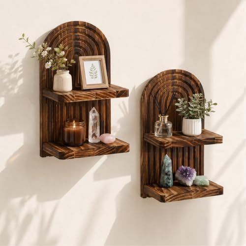 Artilady Boho Arched Shelf Wall Decor 2- Tier Wood Floating Shelves Farmhouse Mid Century Plant Holder for Bedroom Living Room Bathroom (Dark Brown 2 Tier) - color: Dark Brown 2 Tier