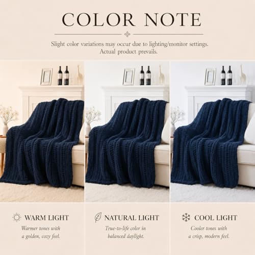 Battilo Cozy Navy Blue Throw Blanket 50" x 60" | Hand Knitted Chunky Knit Throw Blanket, Soft Jumbo Chenille for Couch Sofa Bed - color: Navy