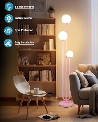 63IN 3-Light Dimmable Floor Lamp, Unique Pink Tall Standing Lamps with 3000K G9 Bulbs for Reading, Mid Century Modern Floor Lamp with 5Lbs Heavy Base for Living Room Bedroom Office - color: 3 Globe-Pink