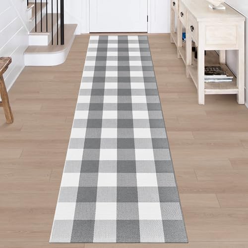 Checkered Rugs Grey and White Buffalo Plaid Hallway Runner Rug 2x8 Washable Rug Cotton Woven Rug Carpet Runner for Entryway Farmhouse Kitchen Bathroom Indoor-Outdoor Front Door Mat - color: Grey and White, size: 2‘×8’