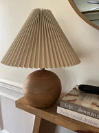 JONATHAN Y 17.25" Brown Wood Finish Sphere Table Lamp, Mid-Century Bedside Nightstand with Beige Pleated Linen Shade, Scandinavian Coastal Style, LED Bulb Included JYL1145A - color: Brown Wood Finish