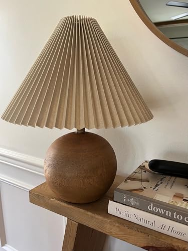 JONATHAN Y 17.25" Brown Wood Finish Sphere Table Lamp, Mid-Century Bedside Nightstand with Beige Pleated Linen Shade, Scandinavian Coastal Style, LED Bulb Included JYL1145A - color: Brown Wood Finish