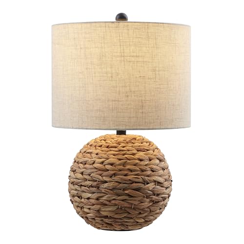 JONATHAN Y 21.5" Brown Modern Coastal Woven Rattan Globe LED Table Lamp for Bedroom, Oatmeal Linen Drum Shade, LED Bulb Included, Rustic Bedside Lamp for Living Room JYL6514A - color: Brown