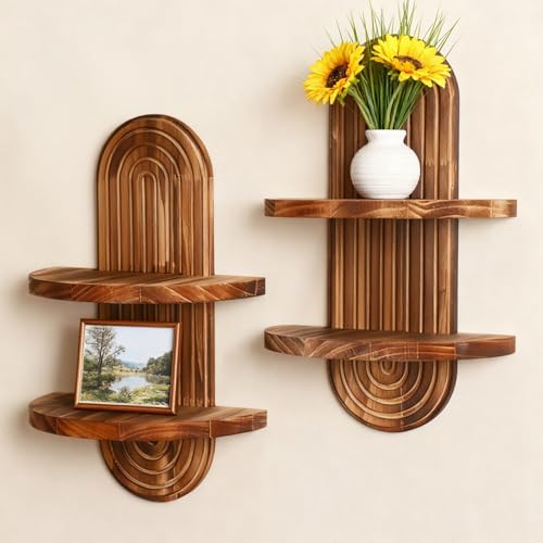 Artilady 2 Pack Shelf Wall Decor Boho Wood Floating Shelves 2 Tier Plant Holder Trinket Storage Rack Rainbow Hanging Decor for Home Bedroom Living Room Office Nursery - color: 2 Dark Brown