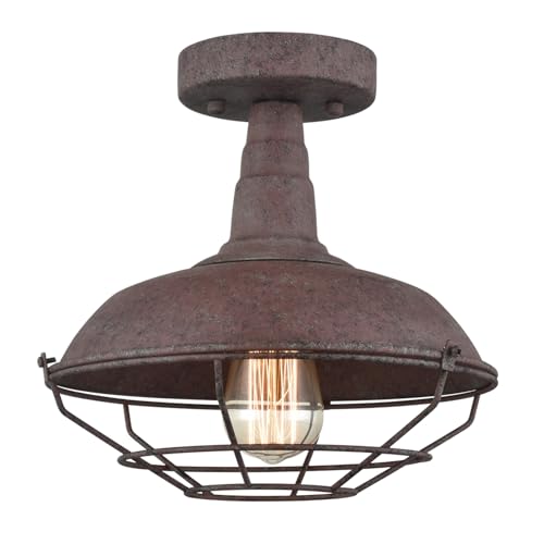 DAYCENT Rustic Semi Flush Mount Ceiling Light Barn Style Light Fixture Farmhouse Metal Cage Ceiling Light 1-Light Industrial Wire Caged Flush Mount Light Rust Finish for Hallway Foyer Kitchen - color: Hard-wired Ceiling