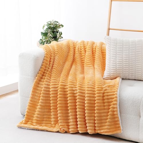 Warm Yellow Sherpa Fleece Throw Blanket 50”×60” for Couch Sofa Bed,Super Soft Cozy Plush Double Side Thick Flannel Blanket with Striped Design Lightweight for Adults,Woman,Girls - color: Warm Yellow, size: 50×60inch