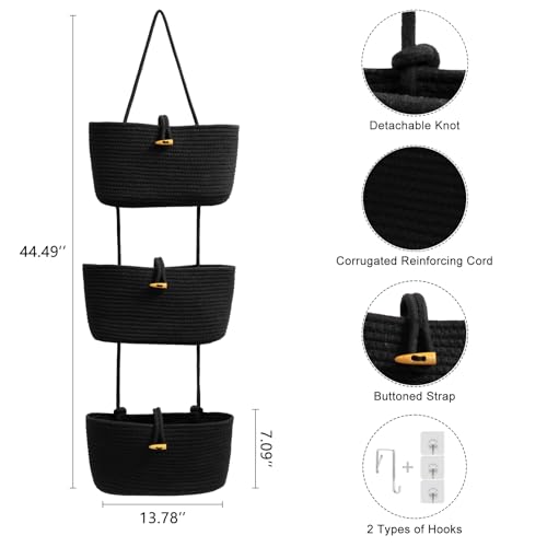 TeoKJ Over the Door Hanging Baskets with Button Strap, 3-Tier Woven Cotton Storage Organizer Bag, Wall-Mounted with Hook Decorative Hanging Nursery Baskets - Black - color: Black, style: 3 tier+Button