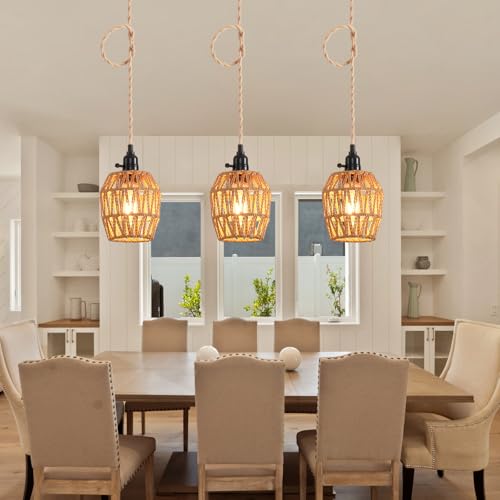 3 Light Plug in Pendant Light Rattan Hanging Lights with Switch 22FT Industrial Ceiling Light,Plug in Cord with Woven Hemp Rope Lamp Shade, Hanging Lamp Cord Farmhouse Cable DIY - color: 3 Light Style B