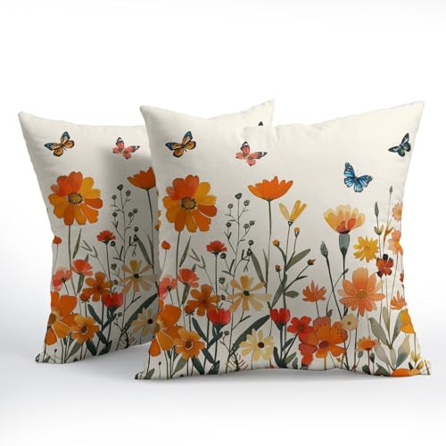 Fall Thanksgiving Floral Pillow Covers 16x16 Inches Orange Flower Butterflies Throw Pillow Case Set of 2 Autumn Decorative Pillow Cover Cotton Linen Cushion Cover for Home Couch Sofa Livingroom - color: Fall Floral, size: 16" x 16" (Pack of 2)