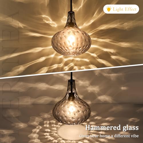 11" Hand-Blown Blue Glass Pendant Light, Hammered Glass Shade with Black Finish, Adjustable Modern Hanging Light Fixture for Kitchen Island, Dining Room, Hallway, Living Room - color: Blue Rod