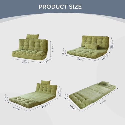 MAXYOYO Folding Sofa Bed, Tufted Bean Bag Bed with Pillows Floor Couch for Adults, Extra Thick and Long Floor Sofa, Twin Couch for Bedroom Living Room, Green, 39x91 Inch - color: Green, size: Tufted Twin