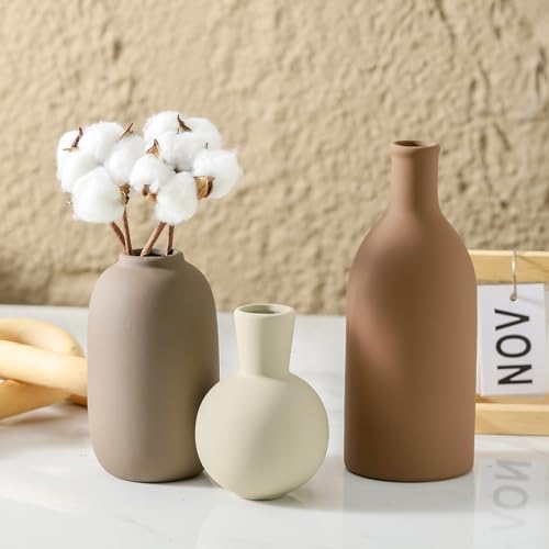 Ceramic Vases Set of 3, Modern Neutral Rustic Farmhouse Home Decor Pottery Pampas Decoration for Living Room, Table, Bathroom, Bedroom, Entryway - Brown - color: 006-brown