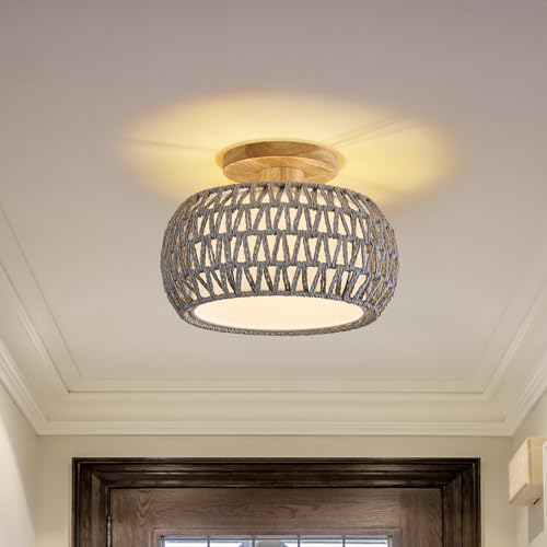 Boho Rattan Ceiling Light Fixture - 3 Style Options Wicker Semi Flush Mount Ceiling Lights,Grey Coastal Light Fixtures,Bohemian Woven Basket Chandelier for Hallway Bedroom Nursery Kitchen Laundry - color: Gray