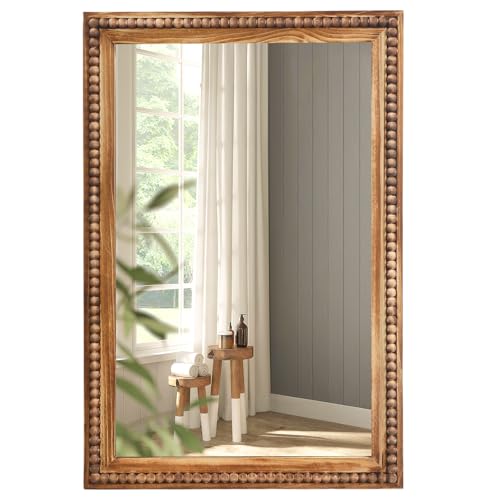 ULIKE Rectangular Wood Mirror with Natural Wooden Bead Frame, 24x36 Inch Rustic Farmhouse Wall Mirror for Bathroom Nursery Bedroom Living Room Brown - color: A Bead Rustic Brown