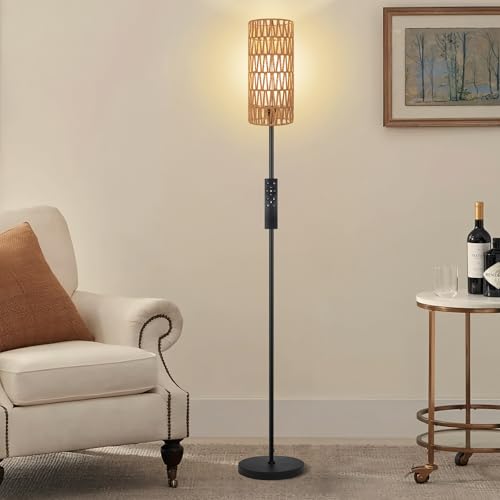 Ruiever Floor Lamp for Living Room,Farmhouse Floor lamp,Modern Standing lamp with Hand-Worked Rattan Shade (Double Shade-with Remote) - style: Double Shade-with Remote