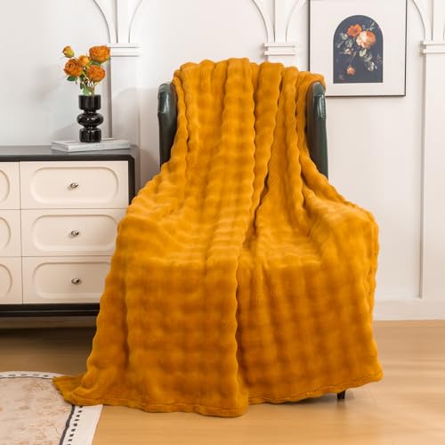 YUSOKI 3D Fleece Bubble Throw Blanket | 380GSM Ultra Soft Fluffy Plush | Non-Shedding Lightweight Cozy Blanket for Couch Sofa Bed | All Season (Gold,50 * 60inches) - color: Gold, size: Throw(50" x60")