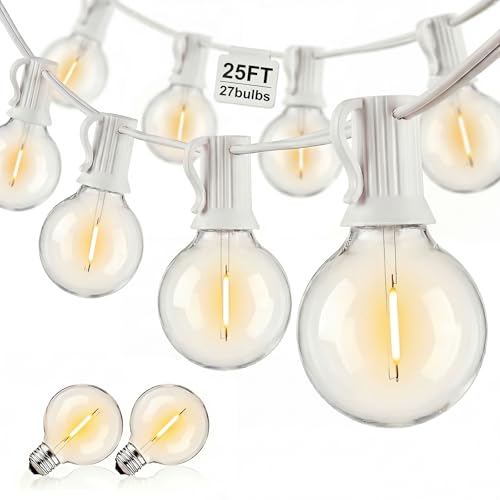 Abeja 25Ft LED Outdoor String Light, Patio Globe String Lights with 27 Shatterproof LED Clear Bulbs(2 Spare), Hanging Patio String Lights for Backyard Decor Bistro Party Yard Decor- White Wire - color: Warm White-White, size: 25FT