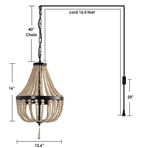 3-Light Plug in Chandelier Dimmable and Timer Mini Wood Beaded Bohemian Pendant Light Fixture with 16.4ft Swag Cord,Black Metal Finish Natural Color Beads,Dining Room,Living Room,Foyer,Bedroom… - color: Black, size: Plug in-3 Light