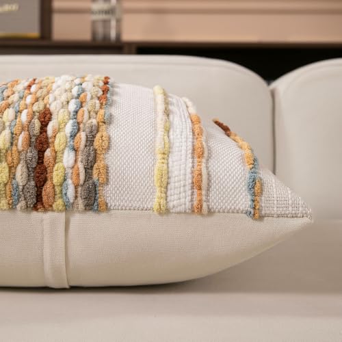 Boho Striped Throw Pillow Covers 18x18 Inch Set of 2 Farmhouse Square Decorative Pillow Covers Chenille Tufted Accent Neutral Pillowcase Yellow Cushion Cover for Living Room Couch Sofa Bed - color: Yellow