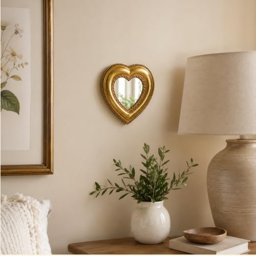 Golden Mini Vintage Mirror with Exquisite Relief Elegant Wall Decor for Bedroom Dresser Table Compact Resin Retro Design (Heart, 4.3X4.3) - color: Heart