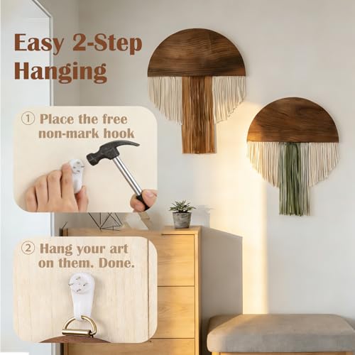 2-Piece Macrame Wall Hanging Set, Handmade Boho Wall Decor with Wooden Board & Round Tassels, Bohemian Fiber Art Tapestry for Living Room, Bedroom, Office, Headboard - Modern Wall Art 16" W X 20" L