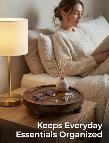 Demigo 10" Acacia Wood Round Tray - Dark Brown Pedestal Stand - Farmhouse Countertop Organizer, Multi-Purpose Display Riser Board for Soap, Perfume, Candles, Kitchen, Bathroom (10x2.5 Inch) - color: Dark Brown