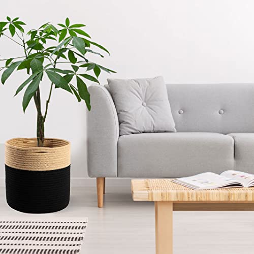 Woven Cotton Rope Plant Basket for 10.5" Flower Pot Floor Indoor Planters Flower Pot, Home Decor Storage Organizer H11 x W11 Black&Brown - color: Brown Black, size: W 11"x H 11"